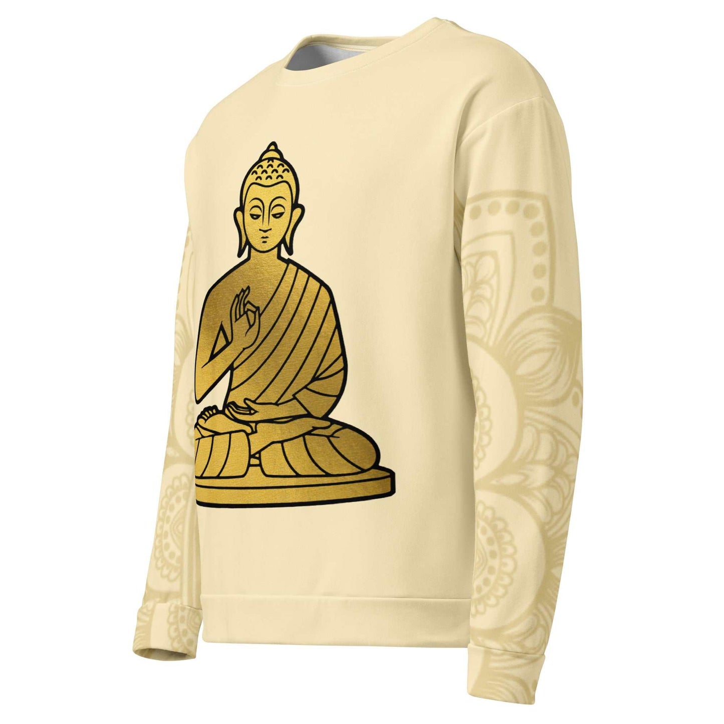 Golden Buddha Ji Sweatshirt with intricate all-over print design, unisex fit, and soft brushed fleece.