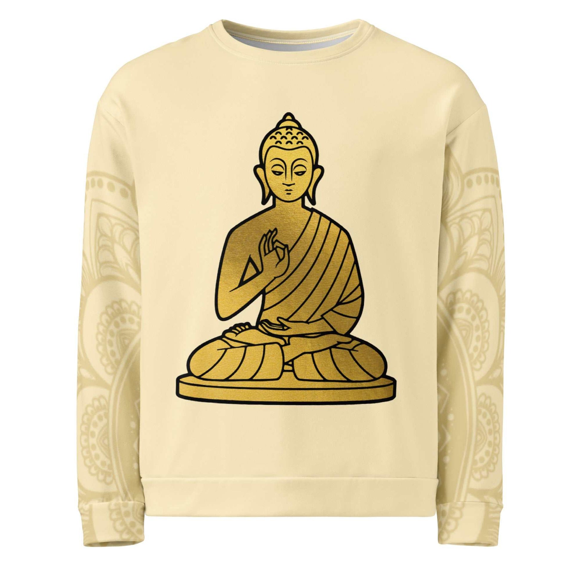 Golden Buddha Ji Sweatshirt with intricate design, unisex fit, and soft brushed fleece fabric.