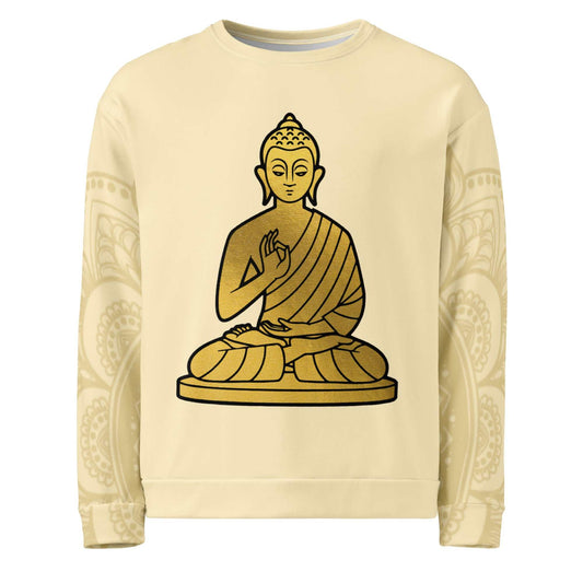 Golden Buddha Ji Sweatshirt with intricate design, unisex fit, and soft brushed fleece fabric.